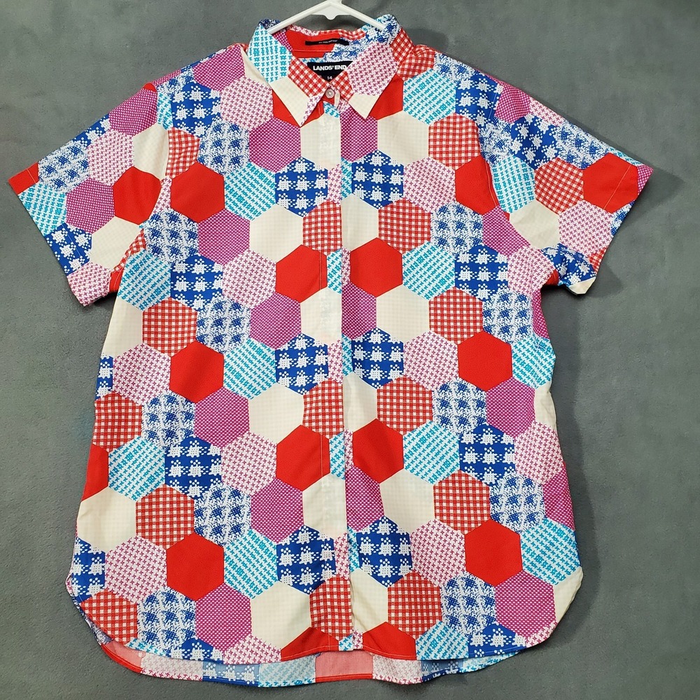 Lands End Top Womens 14 Red Blue Patchwork Quilted Cottage No Iron Supima Cotton